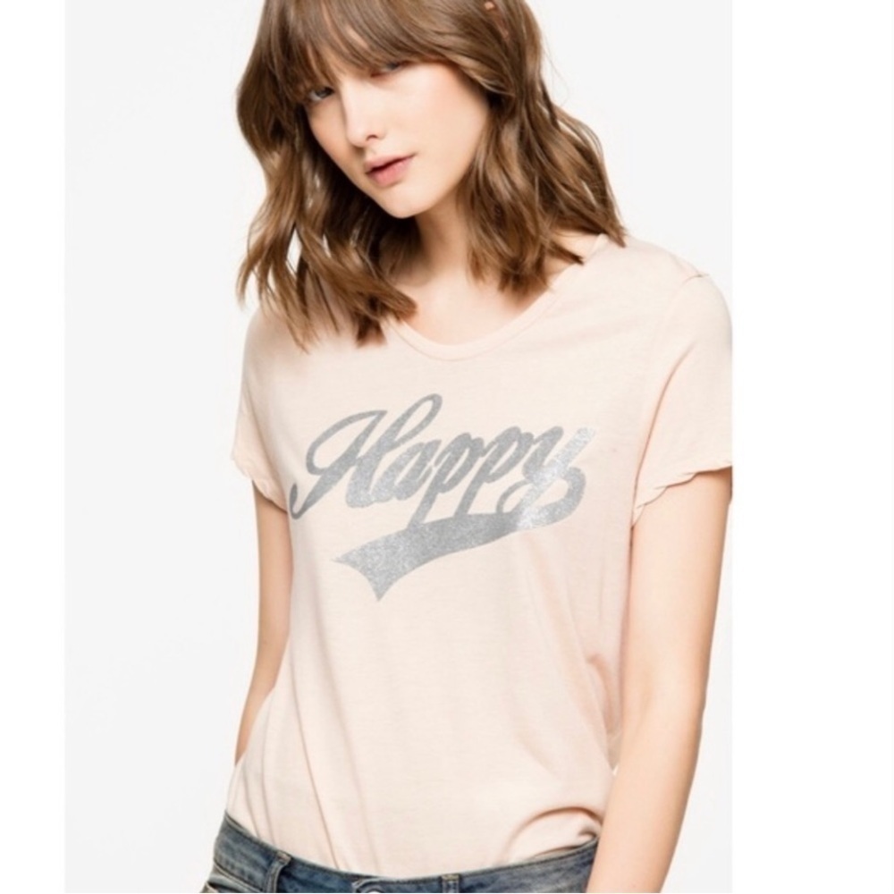Zadig & Voltaire Light Pink Happy Glitter Graphic T-Shirt Size M